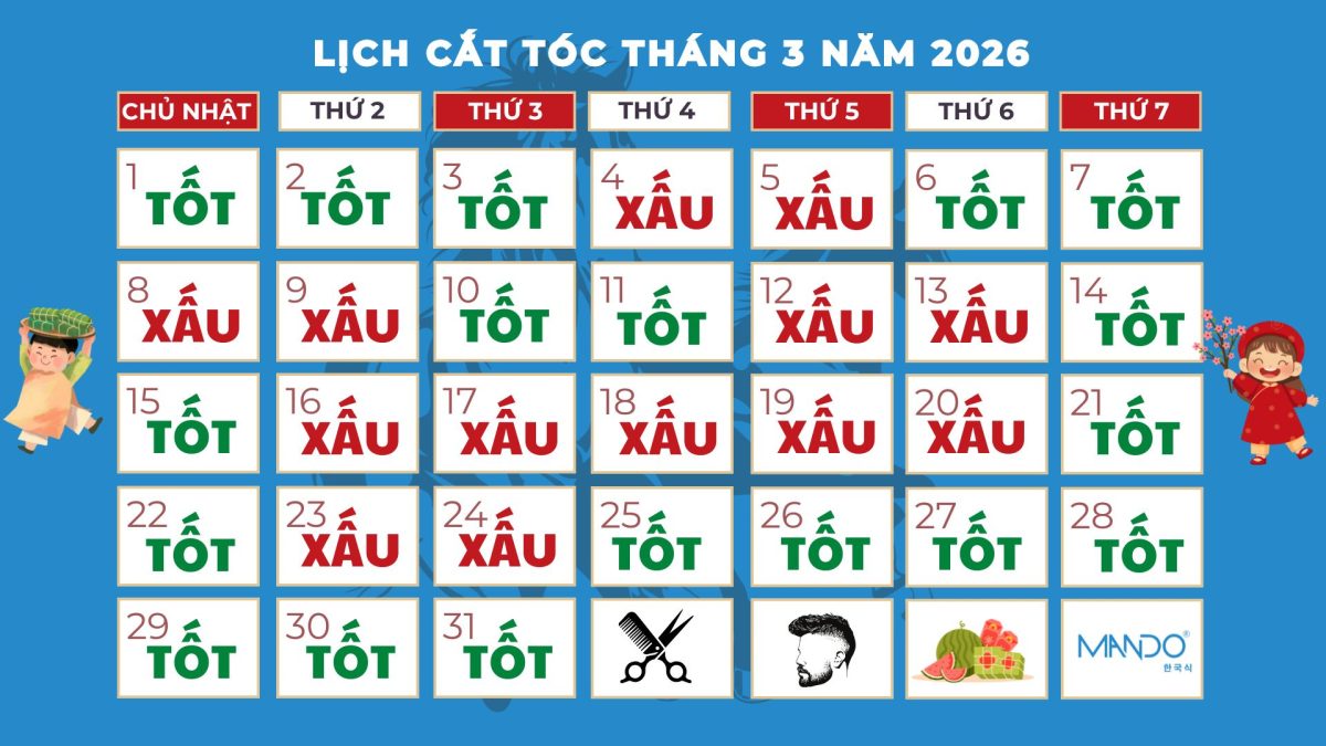 lịch cắt tóc tháng 3 2026