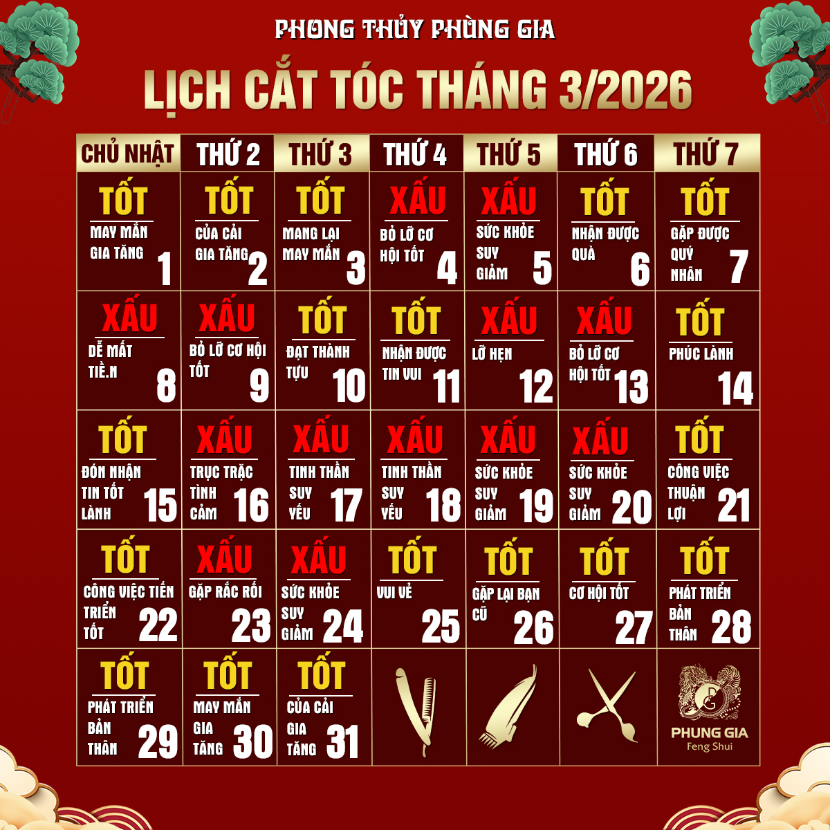 ngày lịch cắt tóc tháng 3 2026