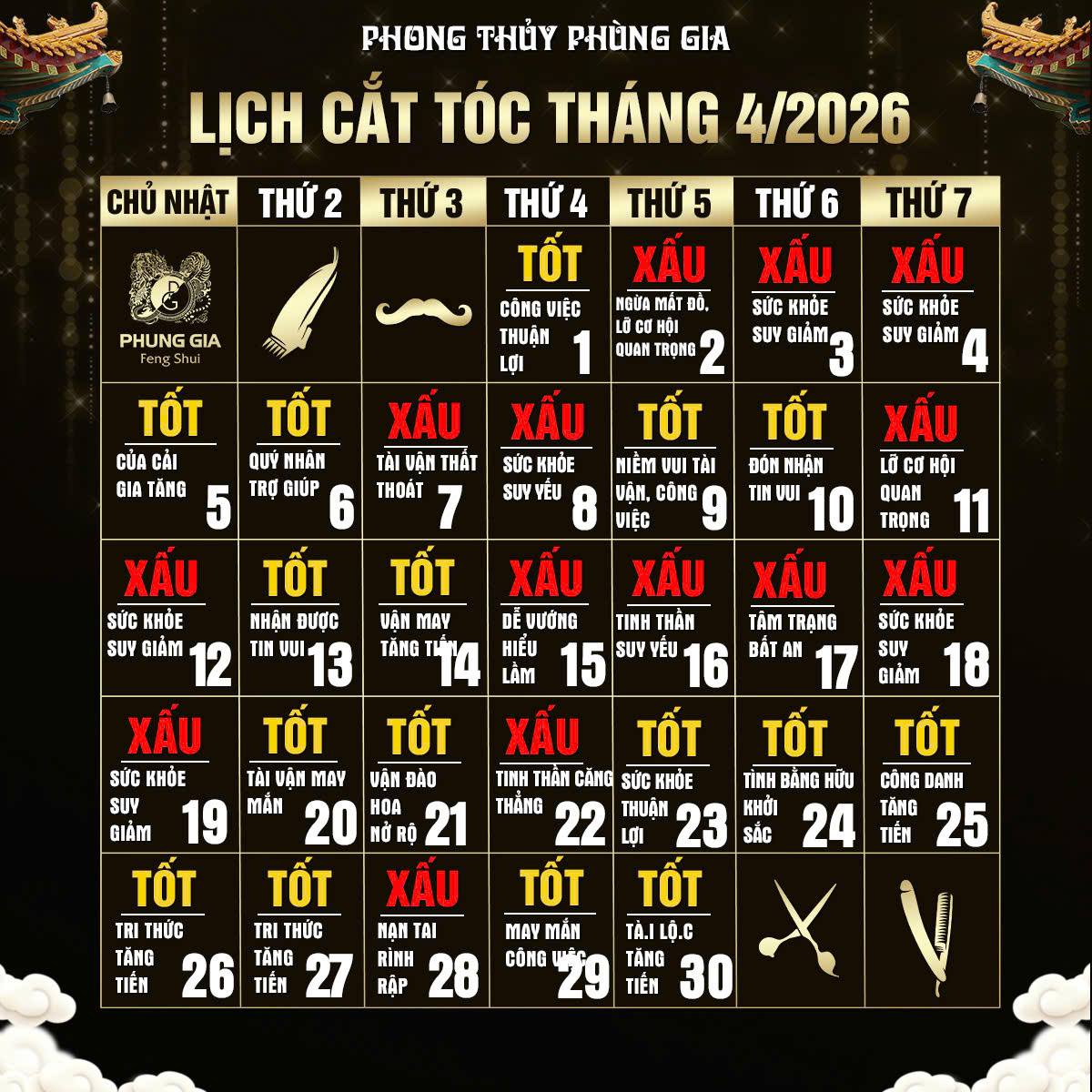 Ngày tốt cắt tóc tháng 4/2026 dương lịch
