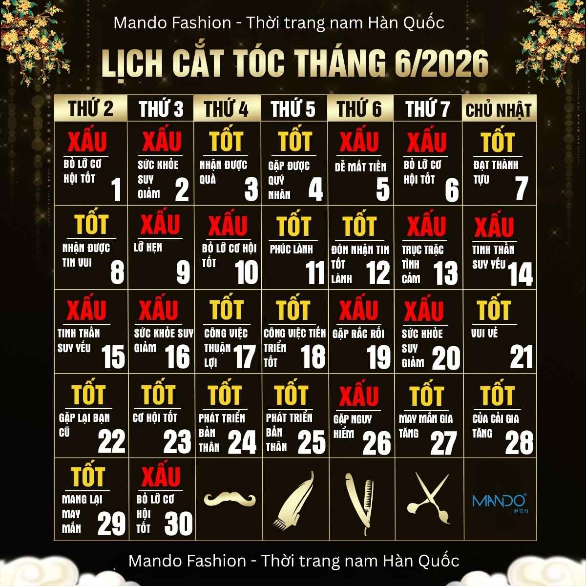 Lịch cắt tóc tháng 6 2026