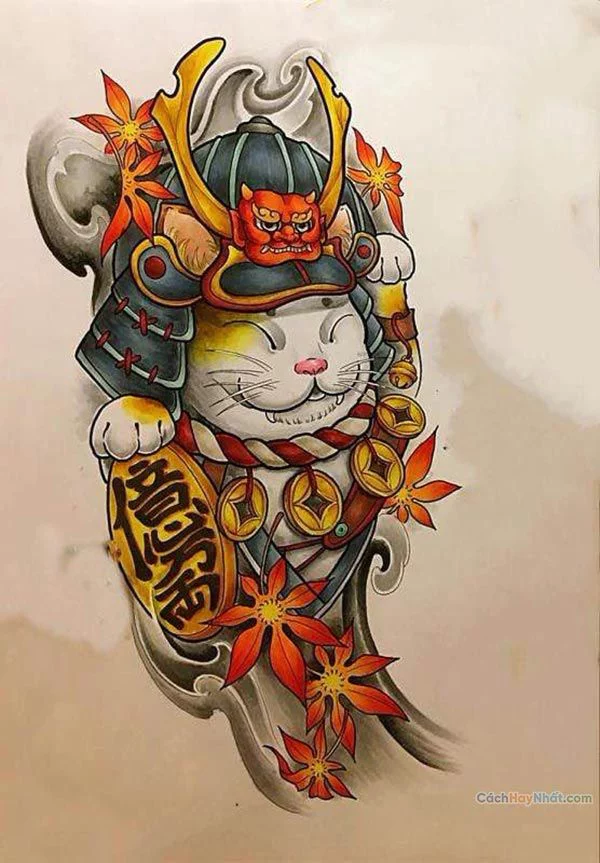 hình xăm mèo thần tài full lưng