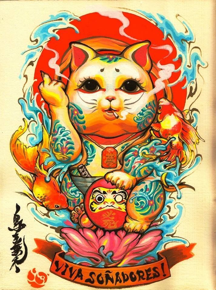 mèo thần tài hình xăm