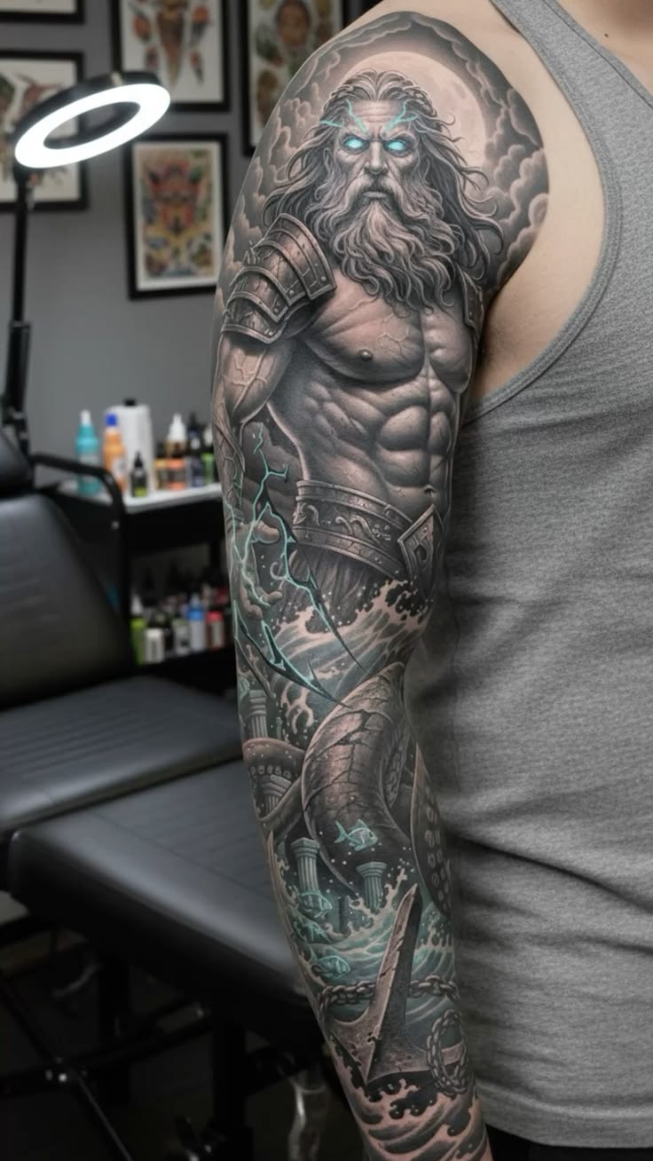 hình xăm thần poseidon ở ngực